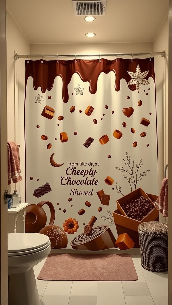 Chocolate-themed shower curtain featuring chocolate bars, hearts, and coffee beans against a creamy background.