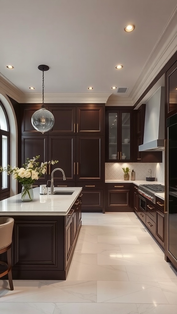 A beautifully designed kitchen featuring chocolate brown cabinets and marble countertops.