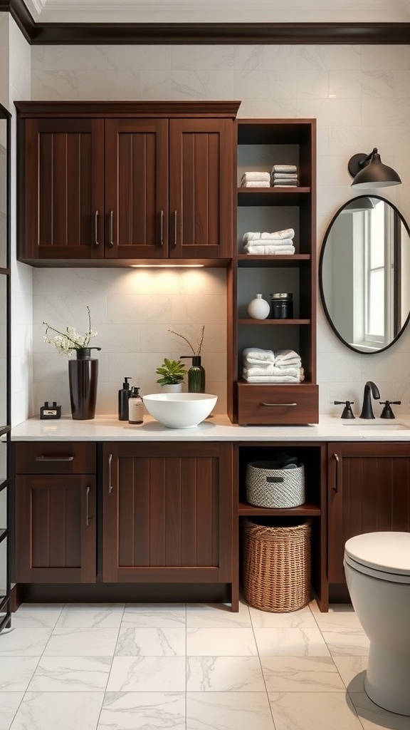 Modern bathroom with chocolate brown cabinets and open shelving for storage