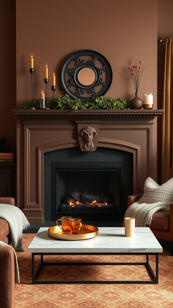 Cozy living room with a chocolate colored fireplace mantel decorated with candles, greenery, and a mirror