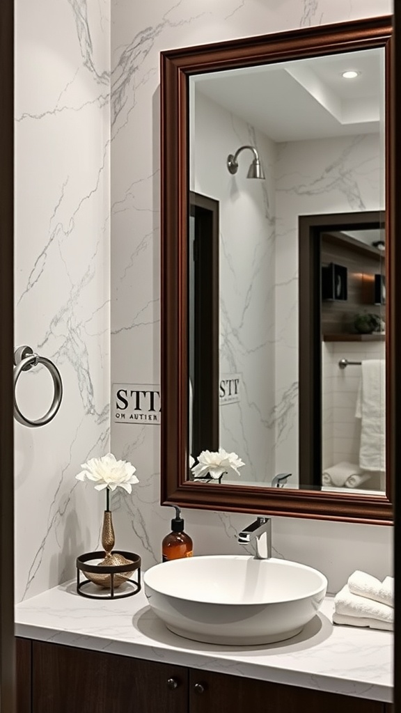 A bathroom with a chocolate framed mirror, white marble walls, and a modern sink.