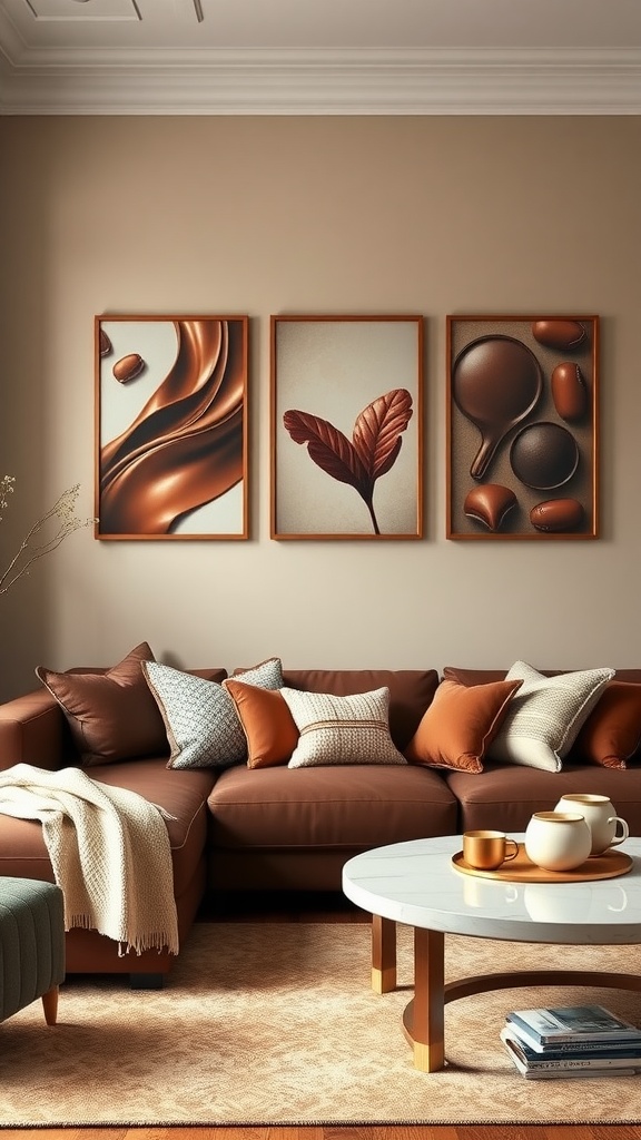 Living room with chocolate-inspired artwork on the walls, featuring a cozy brown couch and decorative pillows.