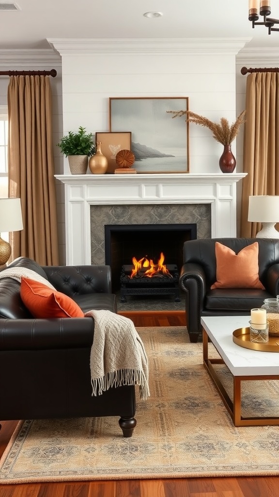 Living room featuring chocolate leather armchairs with accent pillows, a fireplace, and a cozy decor