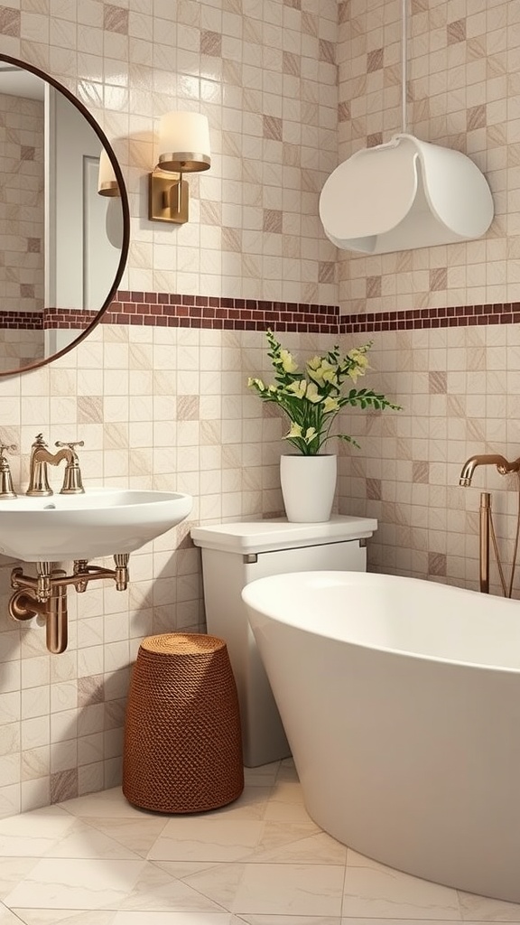 Bathroom featuring chocolate mosaic tile accents, a freestanding tub, and modern fixtures