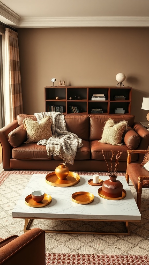 A cozy living room featuring a chocolate sectional sofa with a blanket draped over it, complemented by a white marble coffee table and warm decor accents.