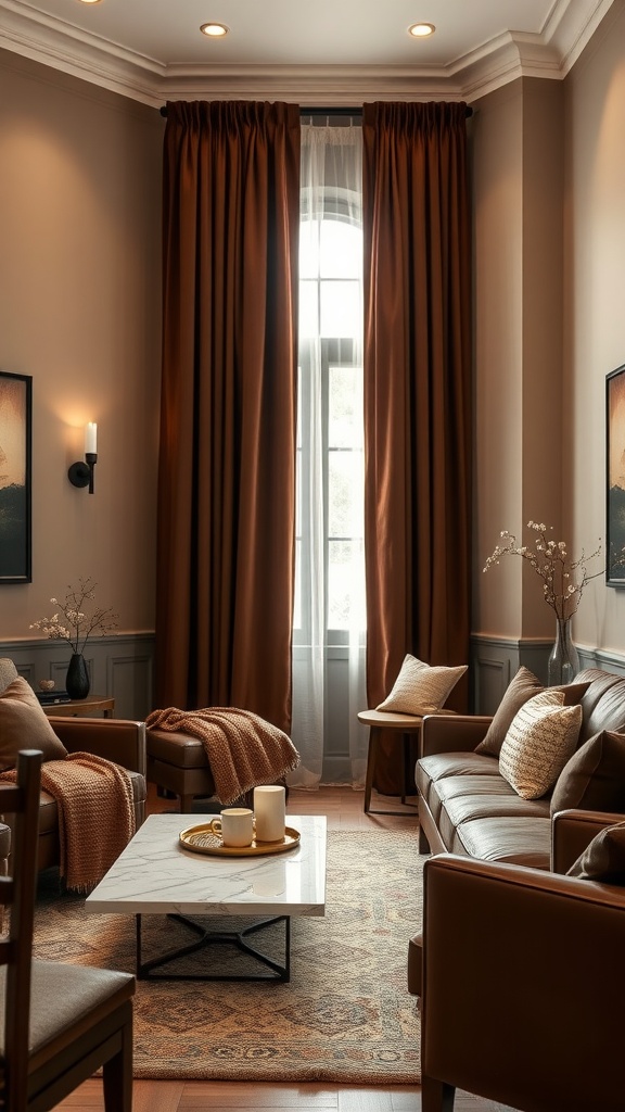 Cozy living room featuring chocolate velvet curtains, leather furniture, and a marble coffee table.