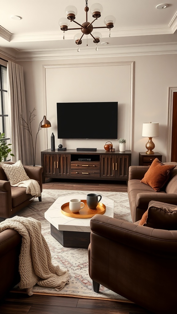 Cozy living room with chocolate wood entertainment center, plush seating, and stylish decor.