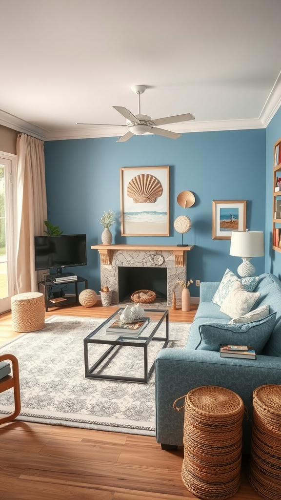 A coastal-inspired living room with blue walls, light furniture, and natural decor elements.
