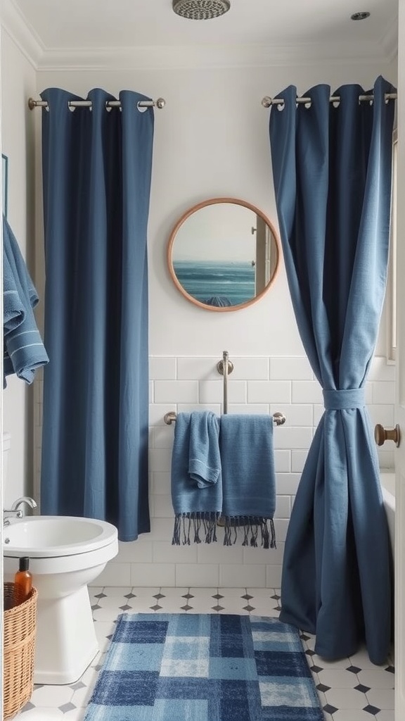 A bathroom featuring deep blue curtains, towels, and a rug, creating a calm coastal vibe.