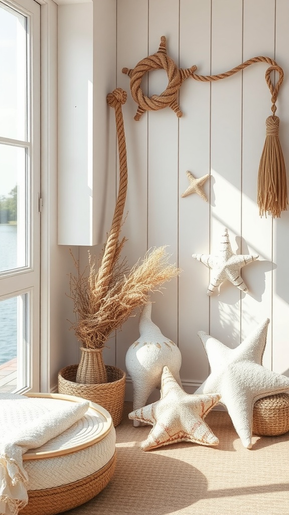 A cozy coastal decor setup featuring starfish, seashells, and rope on a white wall.