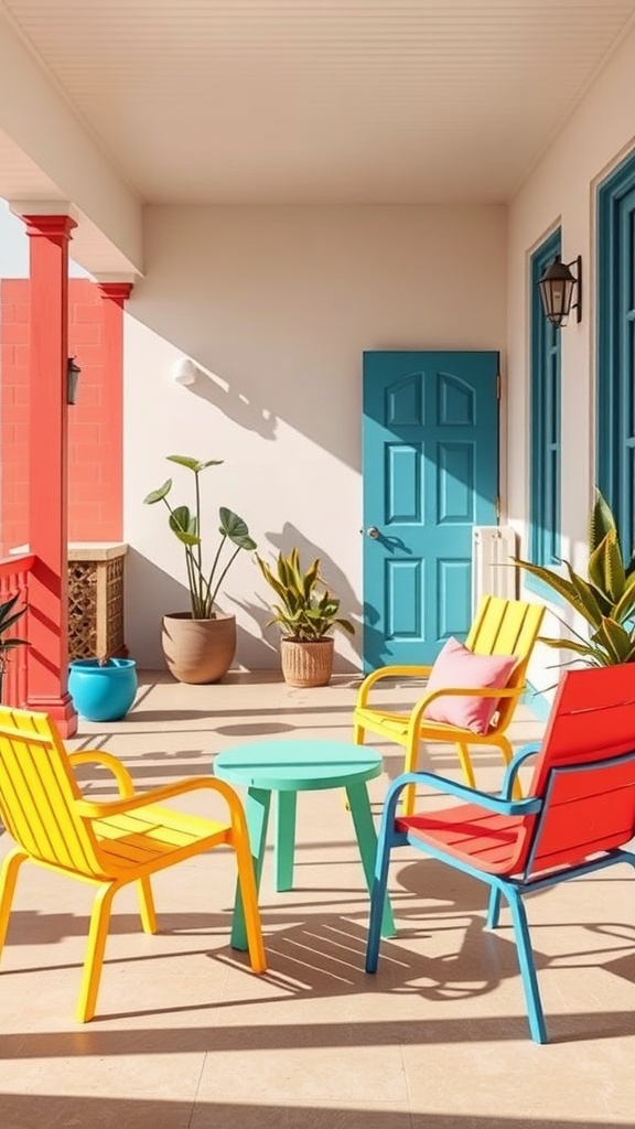 A vibrant summer porch with colorful outdoor furniture, featuring yellow, red, and blue chairs around a matching table, complemented by potted plants.