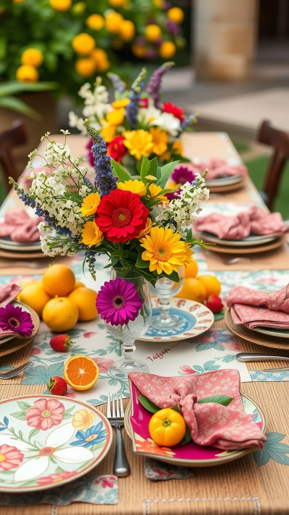 A vibrant summer table setting with colorful flowers, fruits, and patterned dishes.