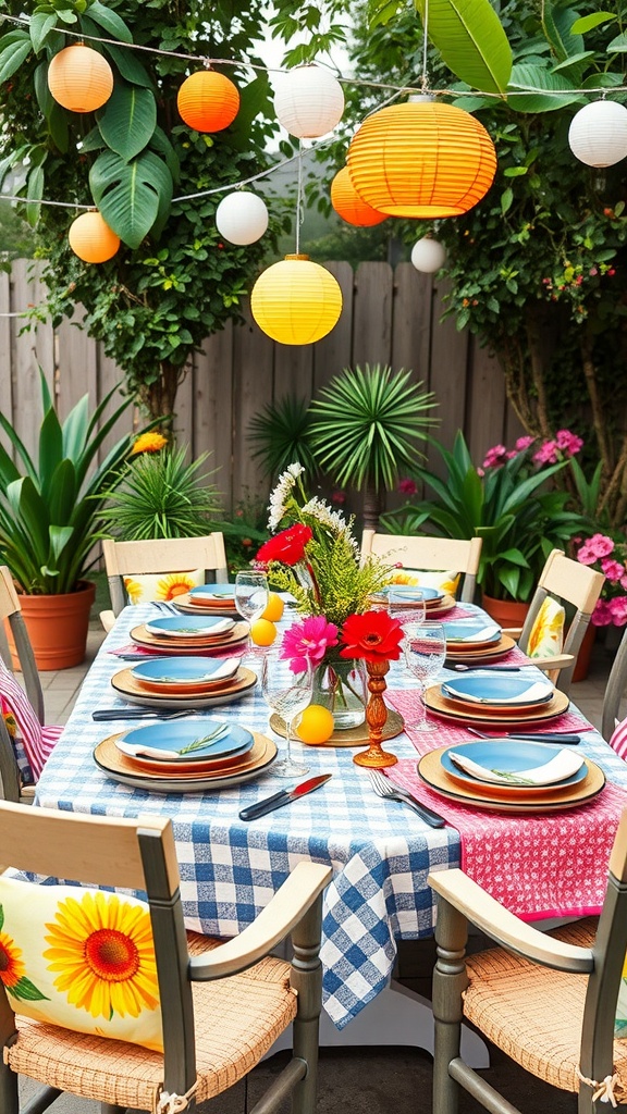 A vibrant outdoor dining table set with colorful tableware, flowers, and lanterns.