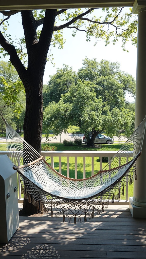 A comfortable hammock hanging on a porch surrounded by greenery.