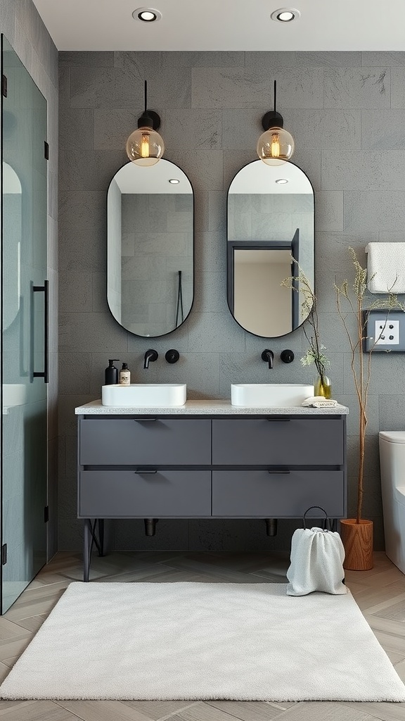 A modern bathroom featuring a gray vanity with a concrete and stone fusion design.