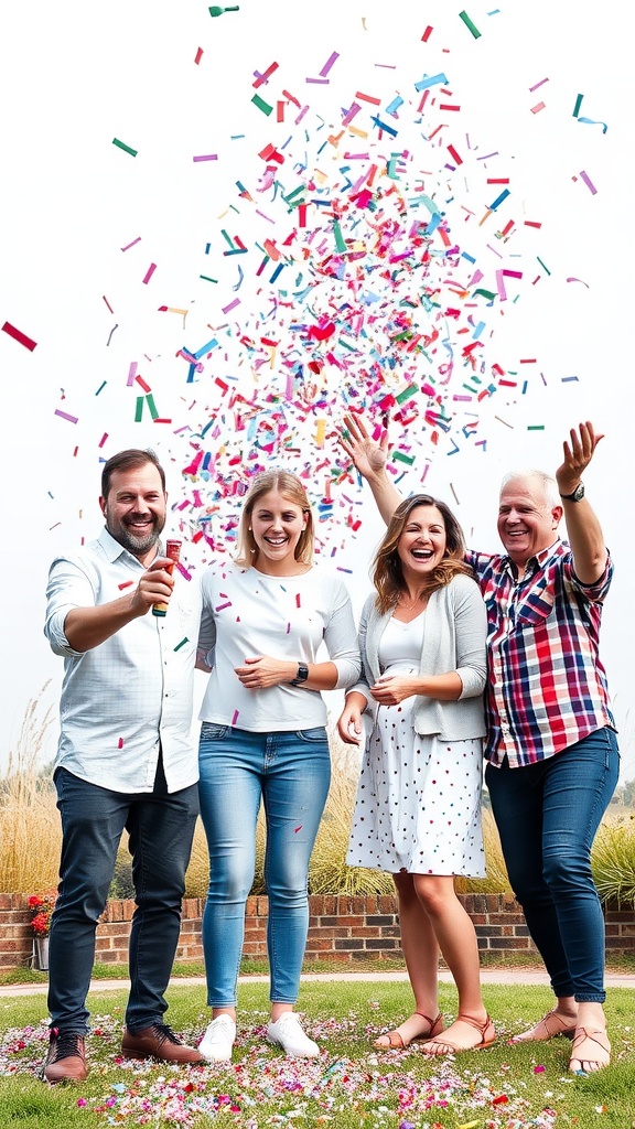 Group of people celebrating with confetti cannons, showcasing a joyful gender reveal moment.