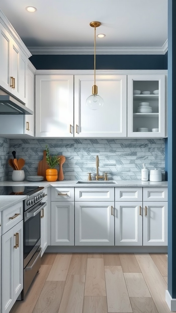 A modern kitchen featuring cool slate blue accents with white cabinets and warm wooden elements.