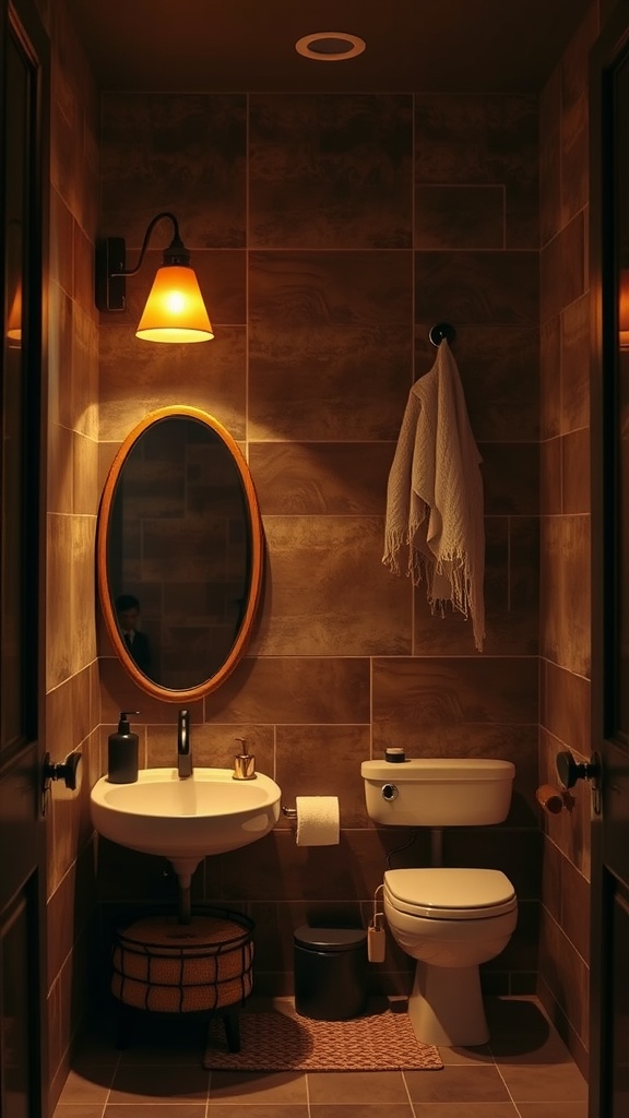 Cozy bathroom with chocolate brown decor and warm lighting fixtures.