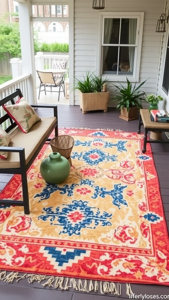 Cozy outdoor porch with a patterned rug, chairs, and plants