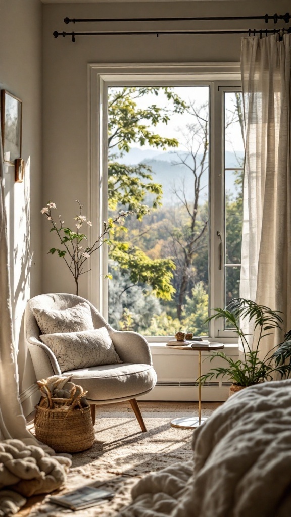 A cozy reading nook with a large window showcasing nature views, featuring a comfortable chair, a small table with a book, and a potted plant.