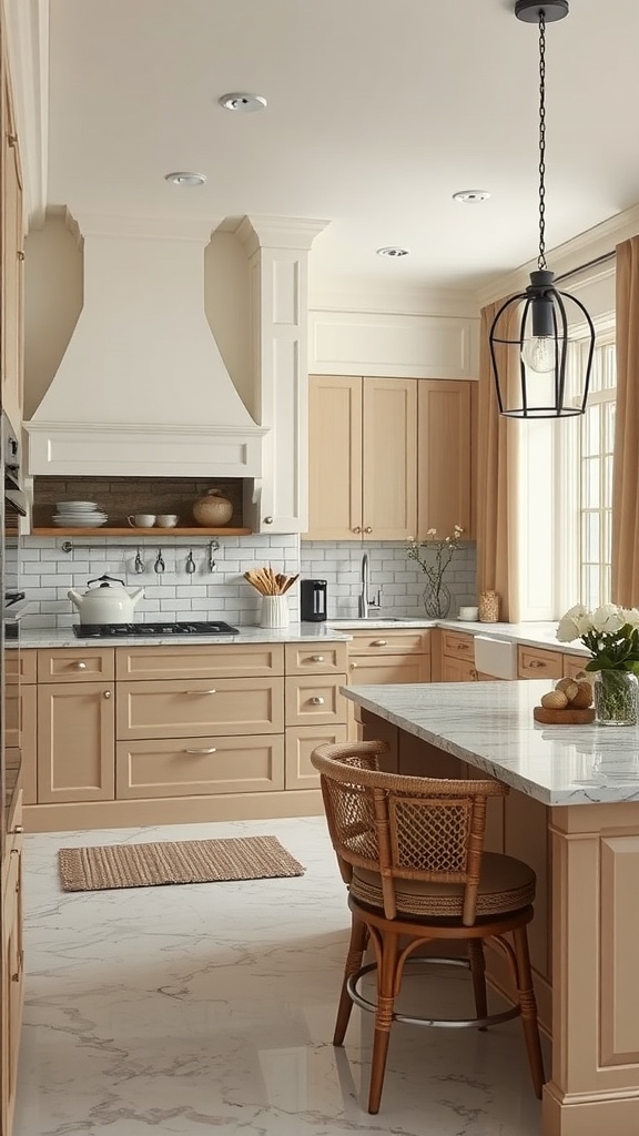 A kitchen featuring creamy mushroom colored cabinets and light marble countertops.