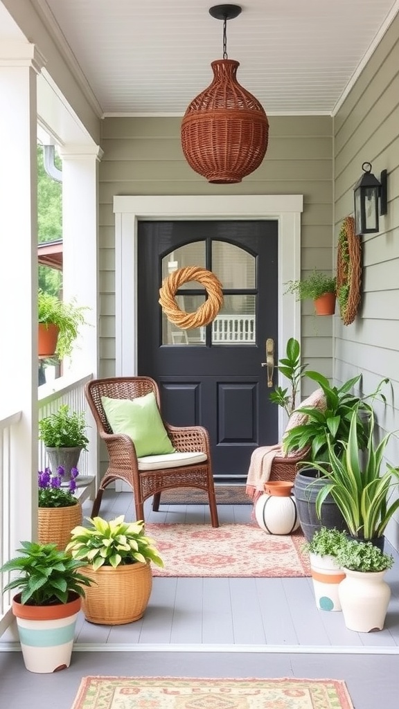 A colorful summer porch decorated with flowers, a chair, a wreath, and vibrant decor