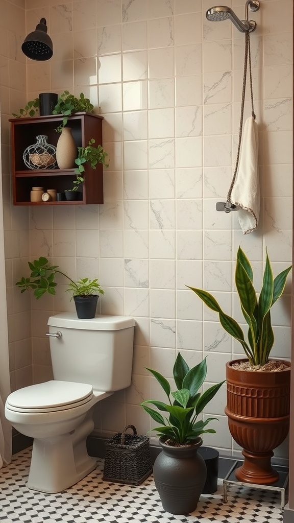 A cozy bathroom with chocolate brown plants, showcasing a variety of greenery and pots
