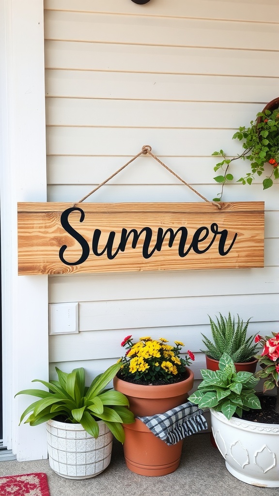 A wooden decorative sign with the text 'Have SUMMER, Sell of Tier. What is SUMMER?' hangs on a porch beside vibrant yellow flowers and green plants.