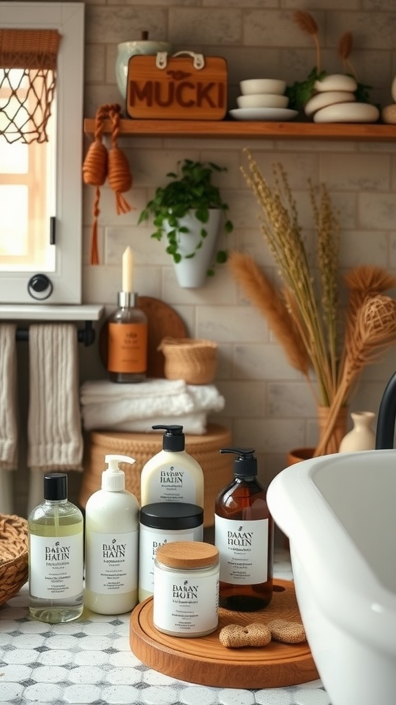 A cozy bathroom scene with DIY natural bath products displayed on wooden shelves, featuring various bottles and a body scrub.