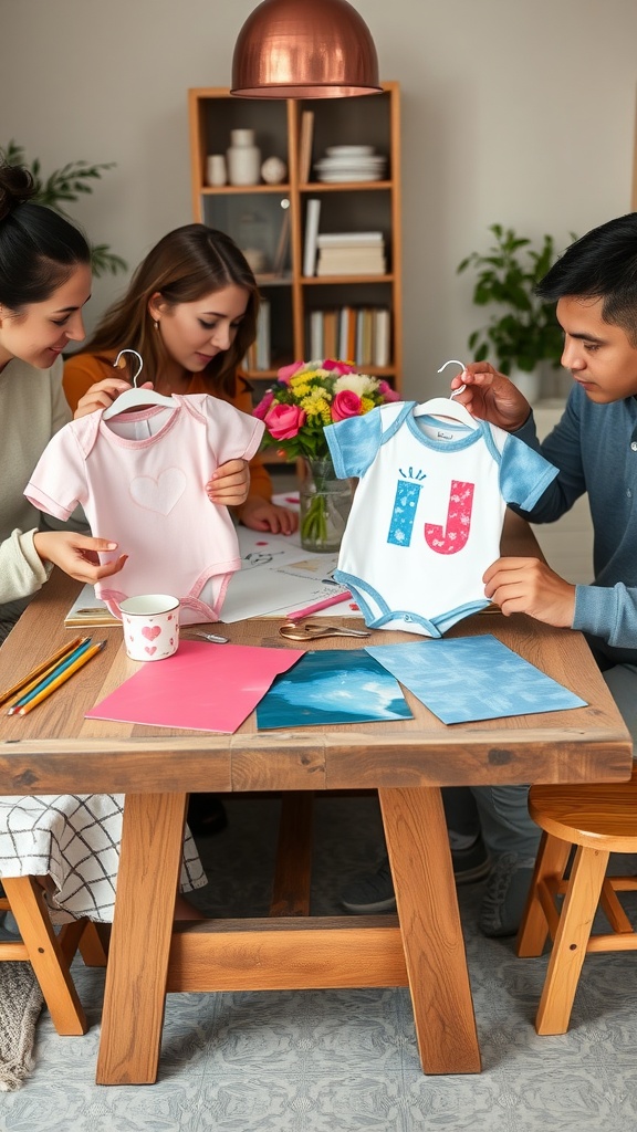 Three friends painting baby clothes at a table, preparing for a gender reveal celebration.