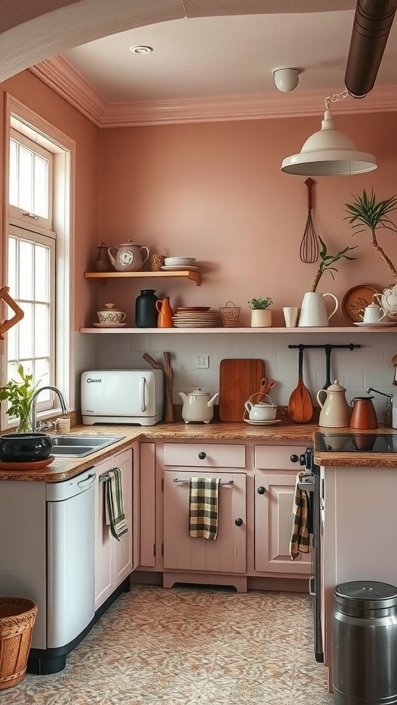 A cozy kitchen featuring dusty rose walls, wooden countertops, and a mix of decorative items.