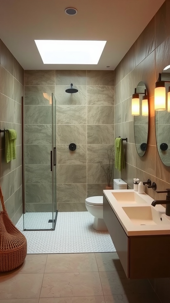 A modern bathroom featuring an earthy color palette with stone tiles, a glass shower, and natural lighting.