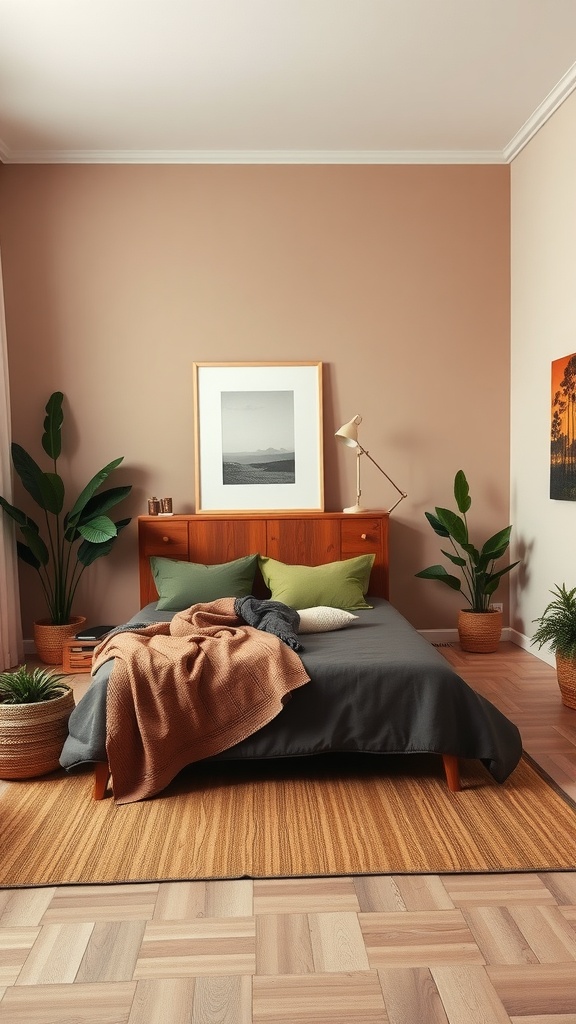 A cozy bedroom featuring earthy colors, wooden furniture, and plants, creating a nature-inspired sanctuary.