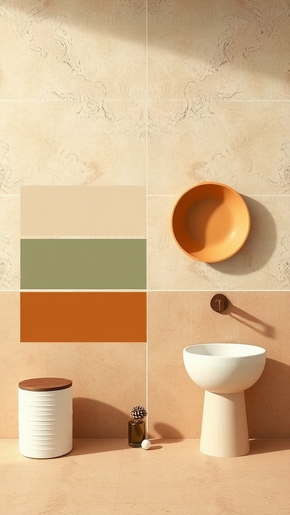 Earthy color palette inspiration for a bathroom featuring beige, green, and terracotta tones.