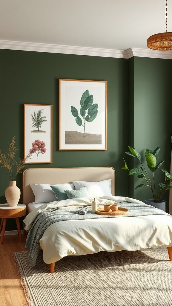 A cozy bedroom with dark green walls, botanical art, and a bed dressed in soft linens.