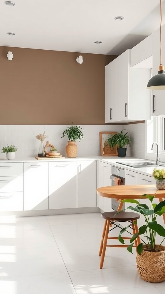 A modern kitchen featuring earthy taupe walls, white cabinets, and plants, creating a warm and inviting atmosphere.