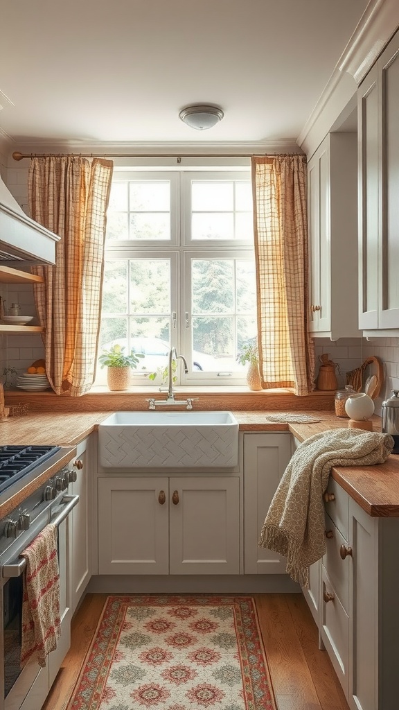 A kitchen with earthy toned curtains, an orange pillow, and a woven stool.