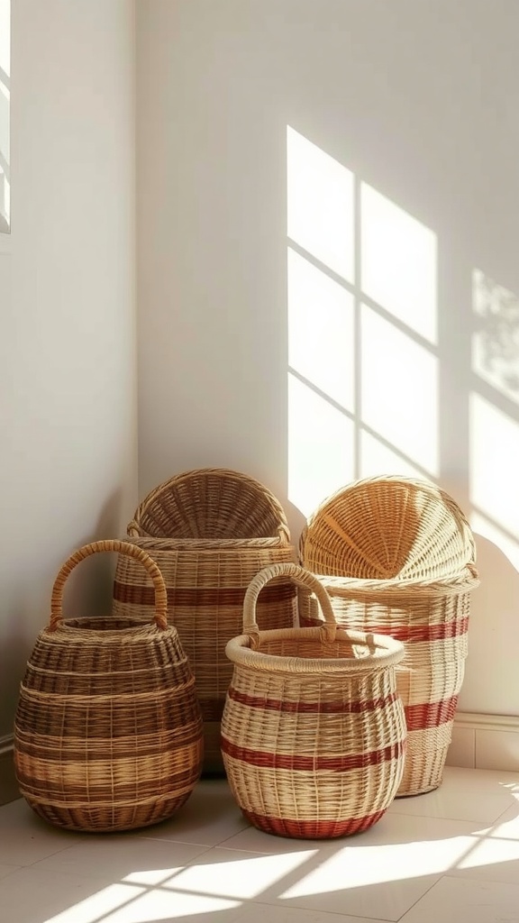 A collection of woven baskets of various sizes arranged near a bright window.