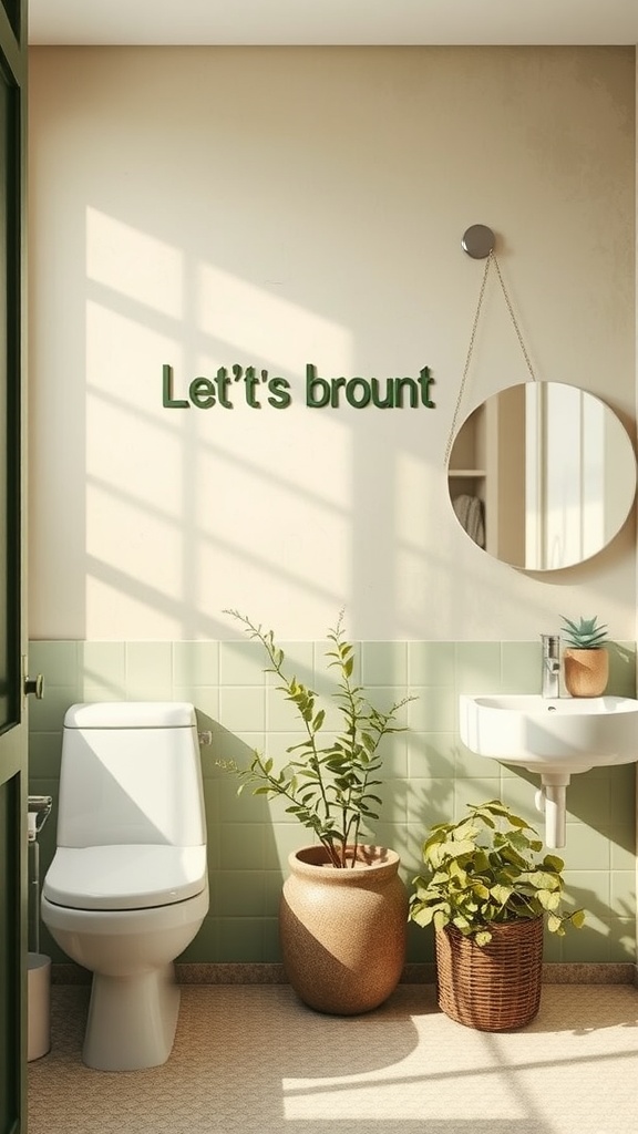 Eco-friendly college bathroom with green accents and plants