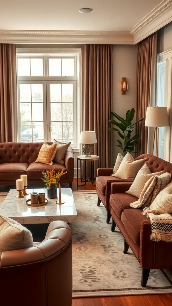 A cozy living room with chocolate accent chairs, a marble coffee table, and soft lighting.