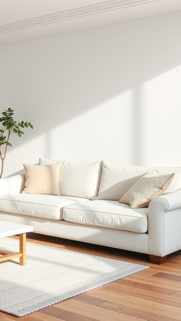 A cozy living room featuring an elegant off-white sofa with decorative pillows, a light area rug, and a wooden coffee table.