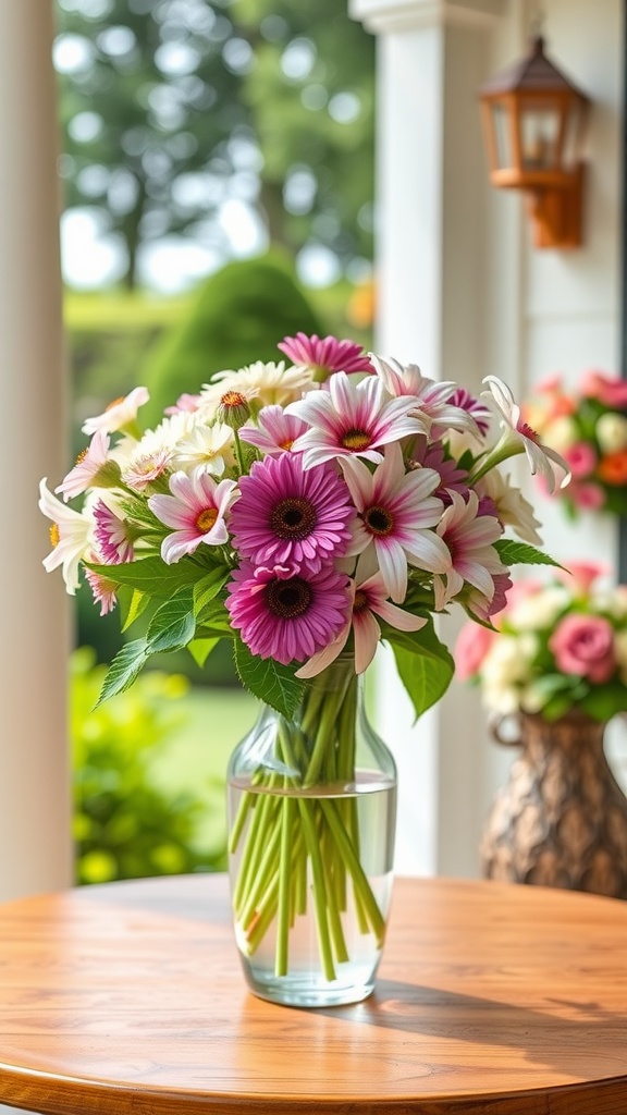 A vibrant bouquet of pink and white flowers in a clear vase on a wooden table on a porch.