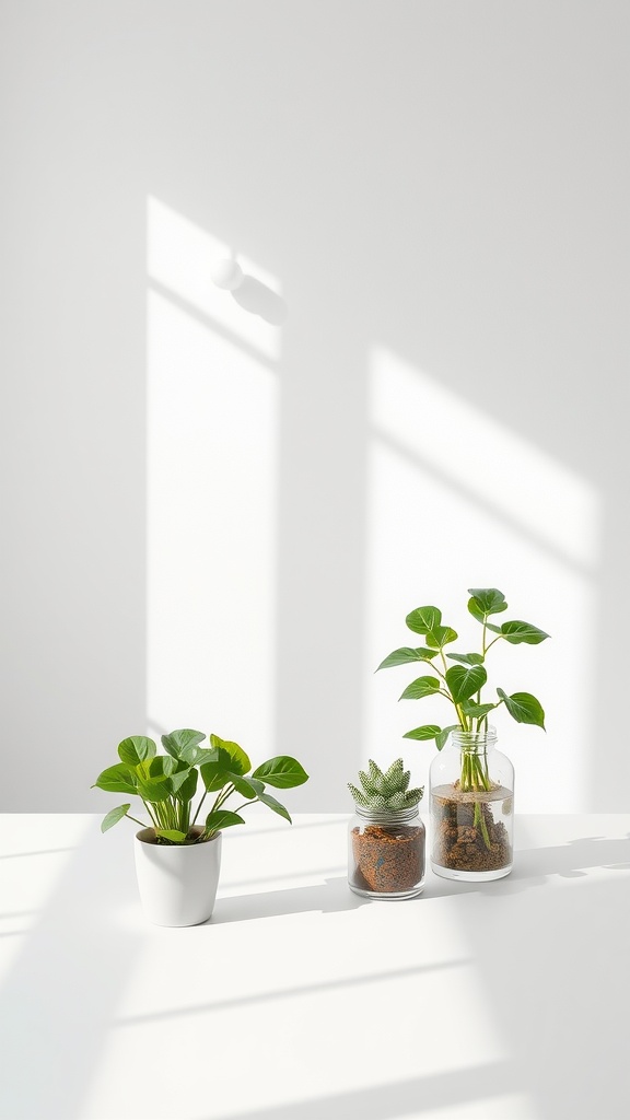 Three simple vases with greenery on a white surface, showcasing a minimal and airy decor style.