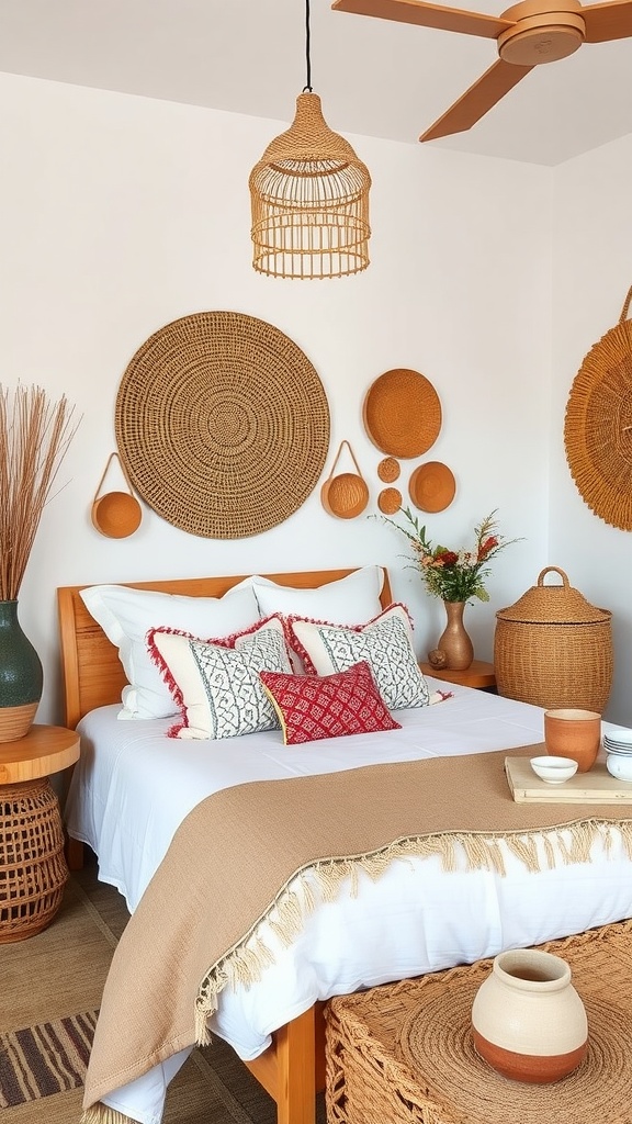 A cozy bedroom with handcrafted decor, featuring woven baskets, clay pots, and natural elements.
