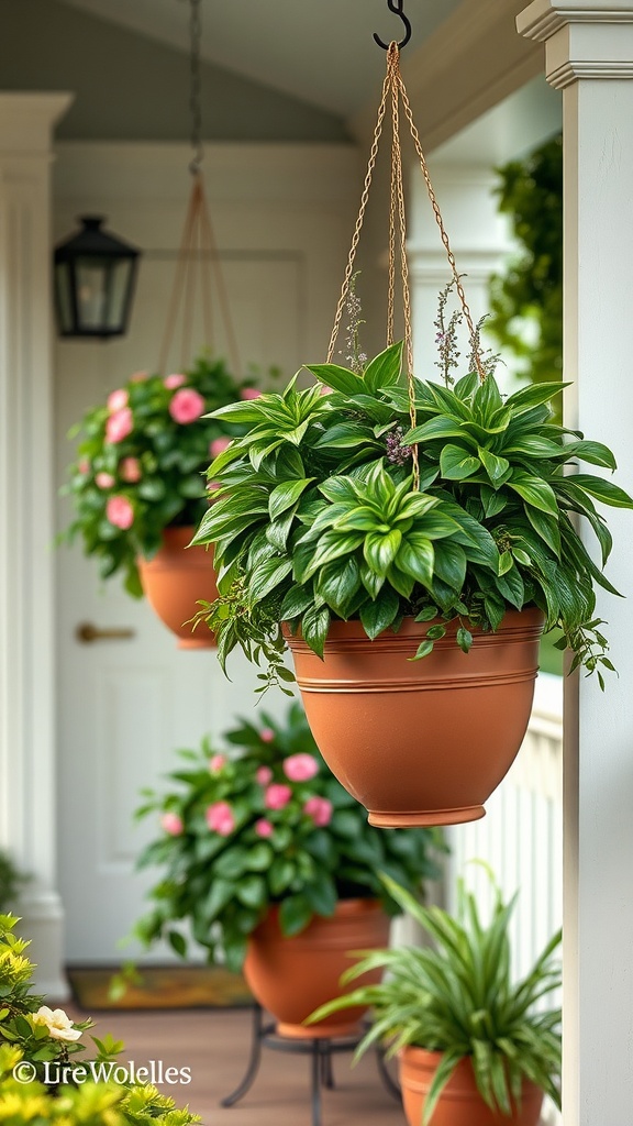 Lush green hanging plants in terracotta pots on a porch railing