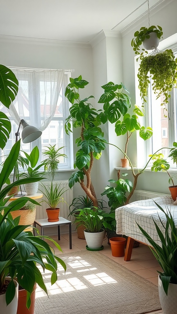 A bright indoor space with various potted plants, including a large monstera and hanging greenery, creating a calm and inviting atmosphere.