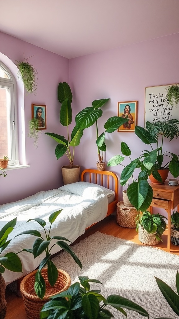 A cozy bedroom with a bed, surrounded by various indoor plants and purple walls.