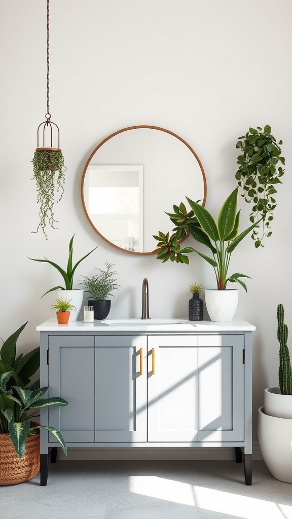 A modern bathroom with a gray vanity and various indoor plants.