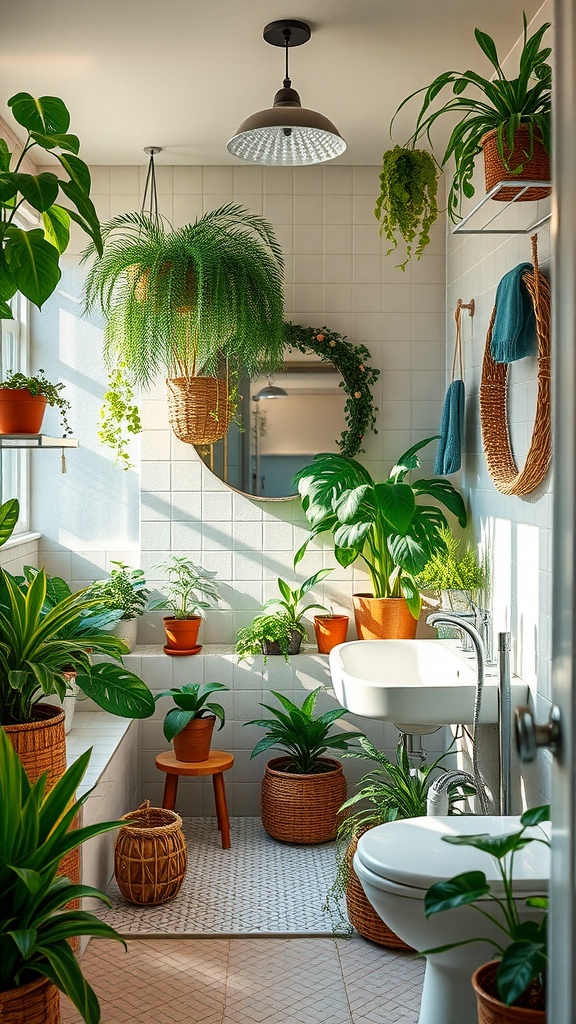 A bright bathroom filled with various indoor plants, including hanging ferns and pots on shelves.