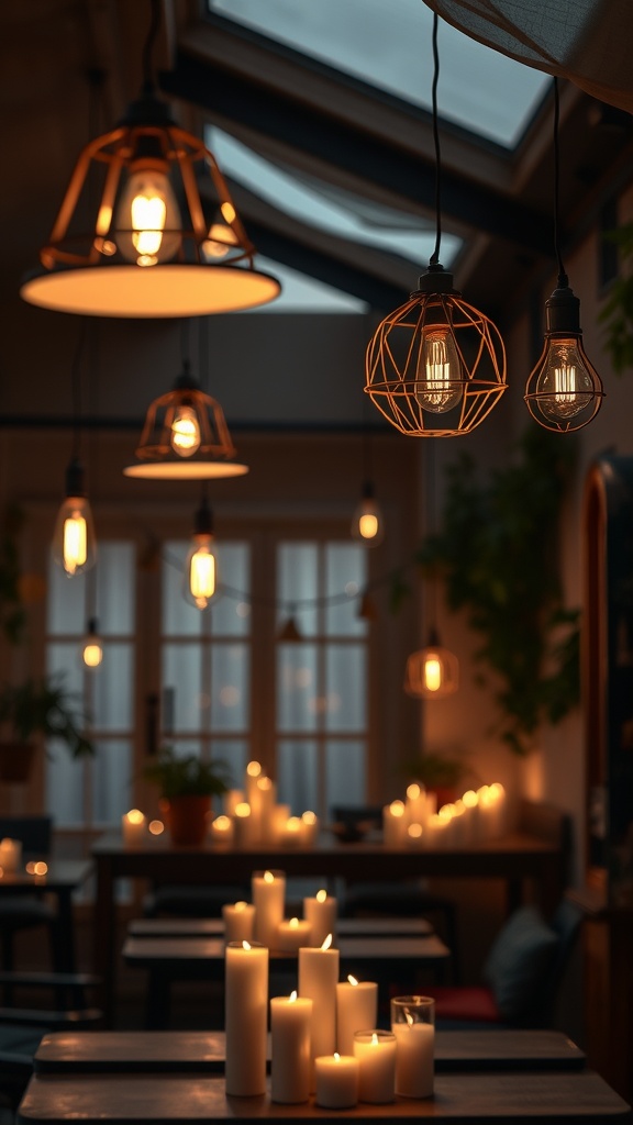 A cozy indoor space featuring various hanging lights and candles, creating a warm atmosphere.